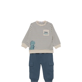 Street Monkey ecru striped sweatshirt and blue cargo joggers 2-piece baby set with dinosaur graphic detail