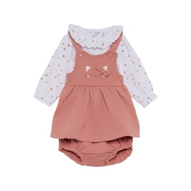 Street Monkey pink 2-piece baby set with polka dot long-sleeve top and pinafore dress with bow detail and bloomers