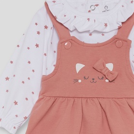 Street Monkey pink 2-piece baby set with star-print frill bodysuit and cat appliqu&eacute; pinafore dress with bow detail
