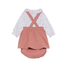 Street Monkey pink baby 2-piece set with white floral long-sleeve bodysuit and pink cross-back pinafore skirt with bloomers