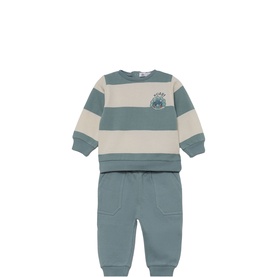 Street Monkey blue green baby 2-piece set with wide-stripe sweatshirt and plain joggers, small chest logo detail