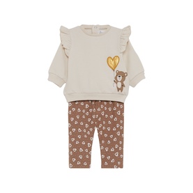 Street Monkey ecru 2-piece baby set; ruffle sweatshirt with bear balloon appliqu&eacute; and brown floral-print leggings