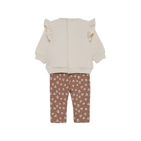 Street Monkey ecru 2-piece baby set with frill-shoulder sweatshirt and brown floral-print leggings, shown from the back.
