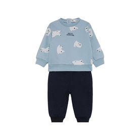 Street Monkey light blue polar bear print sweatshirt and navy joggers 2-piece baby set, flat lay view