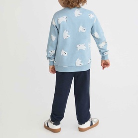 Model wearing Street Monkey light blue polar bear print sweatshirt and navy joggers two-piece set, shown from behind