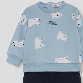 Street Monkey baby light blue polar bear print sweatshirt and navy trousers 2-piece set, Arctic Adventure slogan