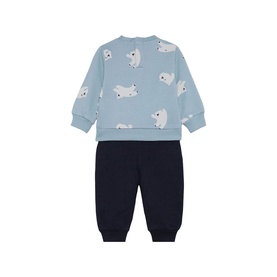 Street Monkey light blue polar bear print sweatshirt and navy jogger 2-piece baby set, shown flat back view