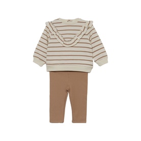 Street Monkey ecru stripe 2-piece baby set with ruffle-trim sweatshirt and tan ribbed leggings