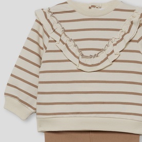 Street Monkey ecru striped ruffle-neck sweatshirt top, part of 2-piece baby set, shown with tan bottoms