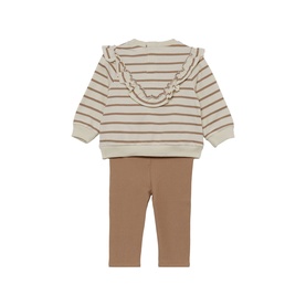 Street Monkey ecru striped ruffle hoodie and tan leggings 2-piece baby set, seen from the back