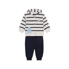 Street Monkey ecru striped zip-up hoodie and navy jogger 2-piece baby set with bear appliqu&eacute; detail
