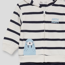 Street Monkey ecru striped baby zip-up hoodie with navy stripes, walrus graphic and Arctic Party slogan detail.