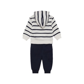 Street Monkey ecru stripe hooded zip-up sweatshirt and navy jogger 2-piece baby set, shown from the back