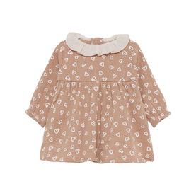 Street Monkey baby dress in brown with white heart print, long sleeves, and frill Peter Pan collar