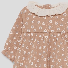 Street Monkey baby dress in brown with white heart print and cream ruffle collar, long sleeves, flatlay view