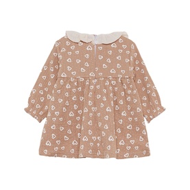 Street Monkey brown baby dress with white heart print, peter pan collar, long sleeves and frill cuffs