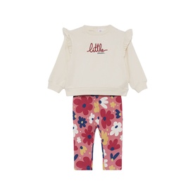 Street Monkey ecru frill sweatshirt and floral leggings baby set, cream top with "little" script and multicolour flower print leggings