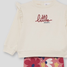 Street Monkey ecru baby set with ruffle sweatshirt reading "little flowers" and floral print shorts
