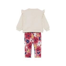 Street Monkey baby set in ecru, featuring frill-shoulder sweatshirt and multicolour floral leggings, shown from the back.