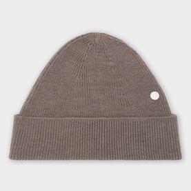 Acne Metal Logo Beanie Hat in warm grey melange, ribbed knit with turned-up brim and small circular metal logo badge.