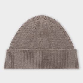 Acne Metal Logo Beanie Hat in warm grey melange, ribbed knit with wide turned-up brim