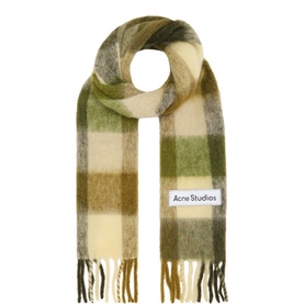 Acne Studios khaki, cream and dark green check scarf with fringe trim, alpaca and mohair blend with logo label