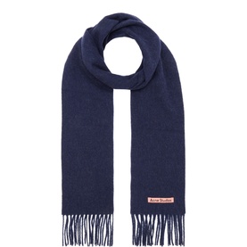 Acne dark navy melange wool scarf with fringe ends and signature logo patch, neatly folded in oval shape