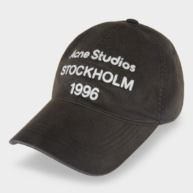Acne Logo Baseball Cap in faded black cotton with embroidered Acne Studios Stockholm 1996 branding and curved peaked brim