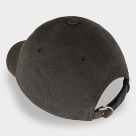 Acne Logo Baseball Cap in faded black cotton, rear view showing silver adjustable buckle strap and six-panel design