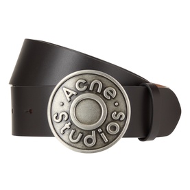 Acne Button Logo Leather Belt in black leather with antique silver-toned circular logo buckle, camel reverse detail visible at tip.