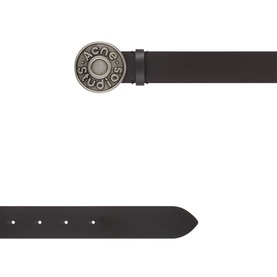 Acne Button Logo Leather Belt in black smooth leather with antique silver-toned circular logo buckle, adjustable design