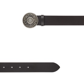 Acne black leather belt with circular gunmetal logo buckle, punch-hole strap detail and tapered end