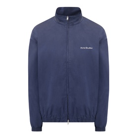 Acne navy cotton casual jacket with zip fastening, funnel neck, and logo script detail at chest