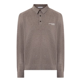Acne Logo Knitted Polo Sweater in brown melange, long sleeves, three-button placket, polo collar, embroidered logo, ribbed trims