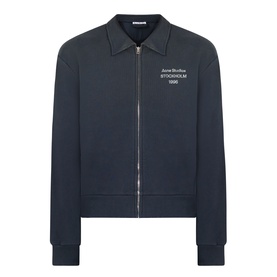 Acne faded black zip-up sweatshirt with spread collar, ribbed cuffs, and Stockholm logo print