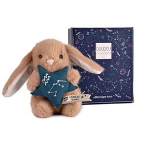 Histoire d'Ours beige plush bunny holding teal star, shown with navy star-print gift box