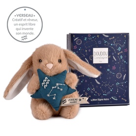 Histoire d'Ours beige bunny plush holding a teal star, shown with navy zodiac-print gift box, Aquarius sign edition