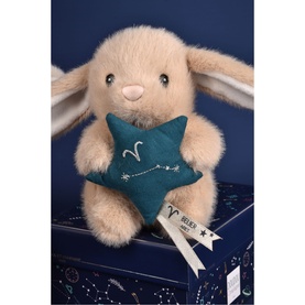 Histoire d'Ours cream plush bunny soft toy holding a teal embroidered star cushion, seated on navy gift box