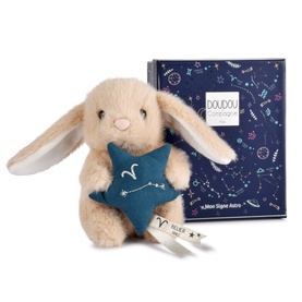 Histoire d'Ours small beige plush bunny holding a teal star, with star-print gift box behind, Aries zodiac sign