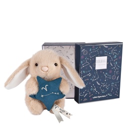 Histoire d'Ours cream plush bunny soft toy holding a teal star, shown with constellation-print gift box