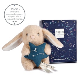 Histoire d'Ours small beige bunny plush holding a teal star, shown with star-print gift box, Belier zodiac collection