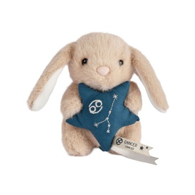 Histoire d'Ours cream plush bunny soft toy wearing teal Cancer zodiac star bib with constellation embroidery