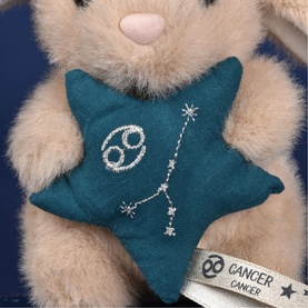Histoire d'Ours Cancer zodiac plush bear, cream with teal star accessory featuring embroidered Cancer symbol and constellation