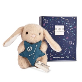 Histoire d'Ours cream bunny plush holding a teal star, shown with star-print navy gift box