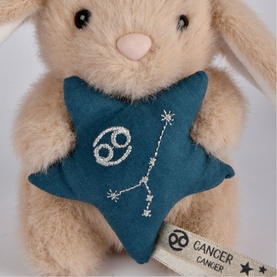 Histoire d'Ours cream plush bunny holding teal star cushion embroidered with Cancer zodiac sign and constellation