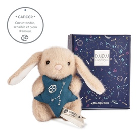 Histoire d'Ours Cancer zodiac plush bunny in cream with teal star bib, shown with navy star-print gift box
