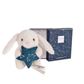 Histoire d'Ours small cream plush bunny holding a teal star, shown with navy constellation-print gift box.