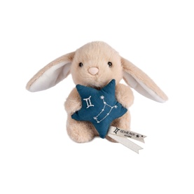 Histoire d'Ours cream plush bunny soft toy holding a teal star cushion with Gemini constellation embroidery and label tag
