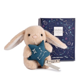 Histoire d'Ours cream plush bunny holding a teal star, shown with star-print gift box packaging