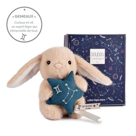 Histoire d'Ours cream plush bunny holding teal Gemini star, shown with navy star-print gift box